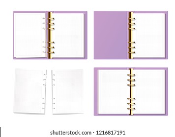 Violet open notebook mock up, bullet journal, planner, diary with gold furniture top view. Paper with dot texture. Opened ring book with clear blank pages. Torn pages set.