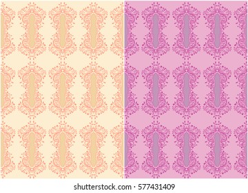 Violet and orange collection ornamental seamless patterns for making damask wallpapers and textile print. Vintage style. Vector illustration.