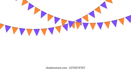 Violet and orange flag garland. Triangle pennants chain. Party decoration. Celebration flags for decor. Vector illustration  