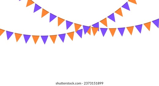 Violet and orange flag garland. Triangle pennants chain. Party decoration. Celebration flags for decor. Vector illustration  