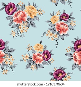 Violet Orange And Mustered Vector Flowers Bunches With Grey Leaves Pattern On Blue Background