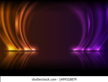 Violet and orange neon laser circle arches with reflection. Abstract ring technology retro background. Futuristic glowing electric graphic design. Modern vector illustration