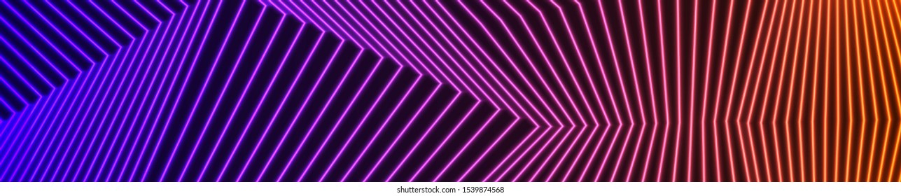 violetter und orangefarbener Neonlaser, der gekrümmte 3D-Linien auf abstraktem technischem Hintergrund leuchtet. Vektorbanner-Design