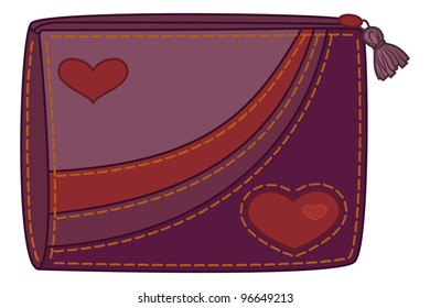 Violet and orange purse for money with valentine hearts. Vector
