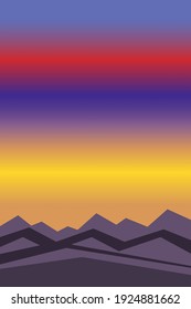 Violet, Orange, Red And Yellow Sun Set Sky. Blue And Purple Mountain Silhouette. Snowy Peaks. Abstract Texture. Nature And Ecology. Vertical Orientation. For Social Media, Post Cards And Post Card