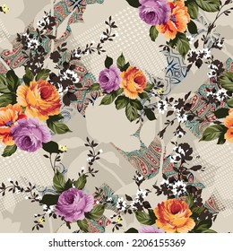 violet and orange seamless vector stock flowers leaves bunches pattern on texture paisley background