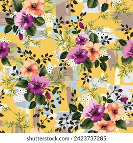 violet and orange seamless vector stock flowers with green leaves bunches pattern on texture yellow background