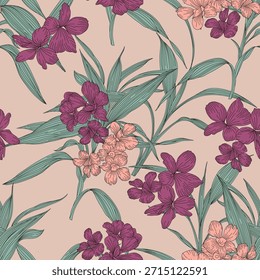 violet and orange seamless vector stock flowers with green leaves pattern on cream background