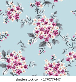 violet and orange small vector flowers with grey leaves pattern on blue background