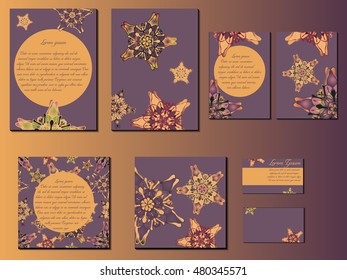 Violet and orange star-like designed brochures, business cards and invitations. Nice hand-drawn illustration