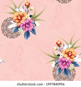 violet and orange vector flowers with blue green leaf bunches pattern on seamless paisley brown circle pink background