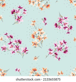 violet and orange vector flowers with grey leaves bunches pattern on blue background
