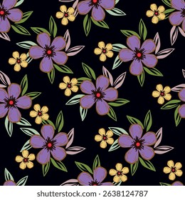 violet orchid and leaves seamless pattern