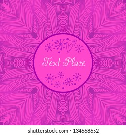 Violet ornamental lace banner, vector beautiful background. Decorative original card. Purple round frame for design and decoration