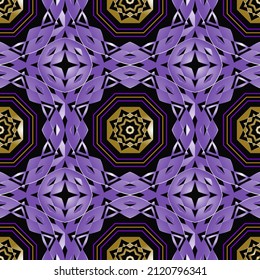 Violet ornamental seamless pattern. Colorful patterned tribal ethnic background. Vector repeat decorative backdrop. Beautiful abstract ornaments. Ornate design with hexagons, geometric shapes, stars.