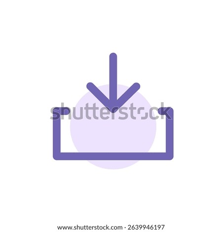Violet outline icon of a downward arrow into a tray, symbolizing downloading or saving files.