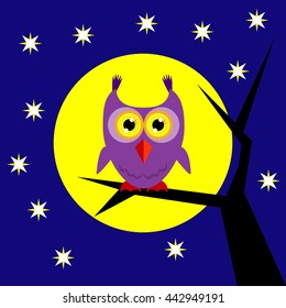 The violet owl on a moon background. Vector.