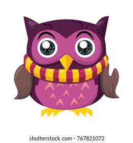 Violet Owl with scarf, Abstract Background, Cartoon Character Isolated on White Vector Illustration EPS 10
