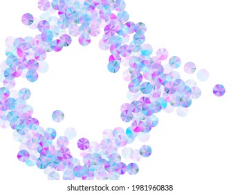 Violet paillettes confetti scatter vector composition. Round flickering spangle particles party decor flatlay. Birthday confetti placer shining background.