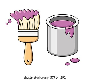 Violet paint brush and bucket can vector isolated.