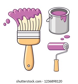 Violet paint brush, roller and bucket can isolated.