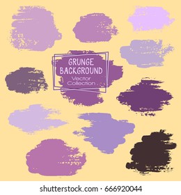 Violet paint dabs isolated on yellow, hand drawn brush stroke backgrounds set. Vintage design vector elements. Ink stains, gouache, watercolor or acrylic paint texture. Retro brushstroke splashes.