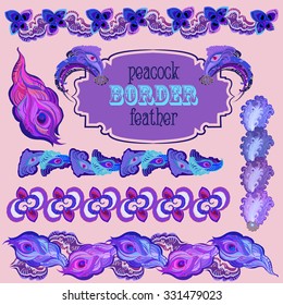 Violet painted peacock feathers border elements set. Retro vintage text label template. Hand drawn vector line.