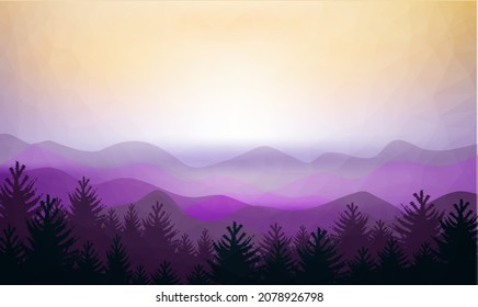 Violet Panoramic View Mountain Landscape With Gradient Mesh, Vector Illustration.