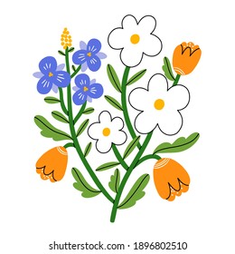 Violet pansy, daisy and tulip flower bouquet, vector illustration, isolated on white background