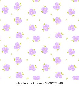 Violet pansy flowers seamless pattern, cute floral background. Vector Illustration.