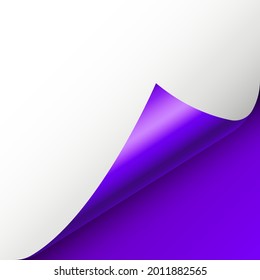 Violet paper curl. Curled page corner with shadow. Blank sheet of paper. Colorful shiny foil. Design element for advertising and promotion. Vector illustration.