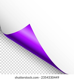 Violet paper curl. Curled page corner with shadow. Blank sheet of paper. Colorful shiny foil. Design element for advertising and promotion. Vector illustration
