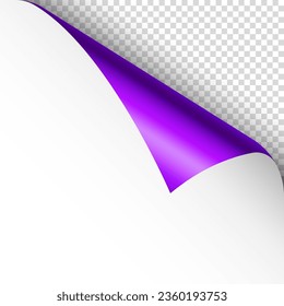 Violet paper curl. Curled page corner with shadow. Blank sheet of paper. Colorful shiny foil. Design element for advertising and promotion. Vector illustration.