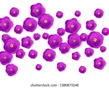 Violet paper cut abstract flowers background. Sakura purple gold gradient abstract flowers isolated on white vector design.