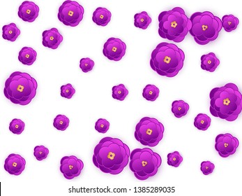Violet paper cut abstract flowers background. Sakura purple gold gradient abstract flowers isolated on white vector design.