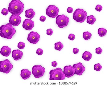 Violet paper cut abstract flowers background. Sakura purple gold gradient abstract flowers isolated on white vector design.