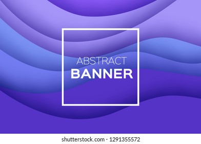 Violet Paper Cut Wave Shapes Banner. Origami layered curve design for business presentations, flyers, posters. Gorizontal 3D abstract map carving. Text. Square Frame.