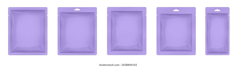 Violet paper sachet or pouch. Vector bags mockup, wet wipes paper or foil packs. Cosmetics samples. Moisturizing sheet face mask
