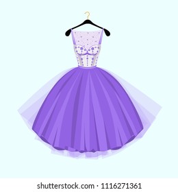 Violet Party dress.  Vintage style party dress with flowers decoration.Vector illustration. Fashion couture dress