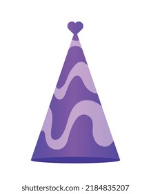 Violet party hat. Social media sticker, holiday and event. Paper bright cone, accessory for creating stylish and fashionable image, vivid element of clothing. Cartoon flat vector illustration