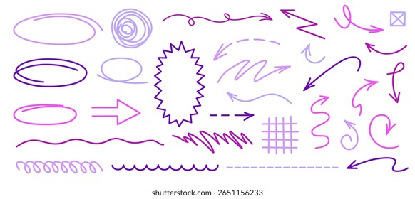Violet pastel-style arrows and sketch shapes with soft shading for dreamy layouts and creative writing visuals
