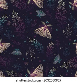 Violet Pattern With Moon Moth And Herbs. Contemporary Composition. Trendy Texture For Print, Textile, Packaging.