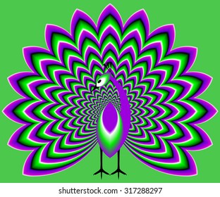 Violet peacock with a green tail (optical expansion illusion)