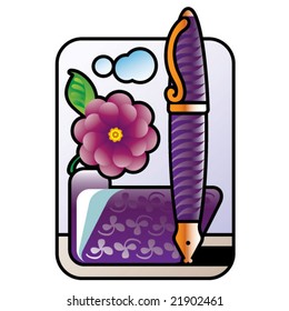 violet pen and folder with flower under clouds