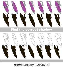 Violet Pen set to find the correct shadow, the matching educational kid game to compare and connect objects and their true shadows, simple gaming level for preschool kids.