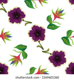 Violet Petunia. Green bird of paradise. Vector illustration. Seamless background pattern. Floral botanical flower. Wild leaf wildflower isolated. Exotic tropical hawaiian jungle. Fabric wallpaper.