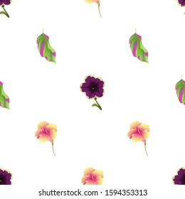 Violet Petunia. Green Dracaena. Yellow Hibiscus. Vector illustration. Seamless background pattern. Floral botanical flower. Wild leaf wildflower isolated. Exotic tropical hawaiian jungle. Fabric.