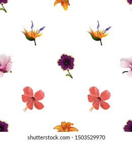 Violet Petunia. Orange Daylily. Pink Magnolia. Orange Strelitzia. Red Hibiscus. Vector illustration. Seamless background pattern. Floral botanical flower. Wild leaf wildflower isolated. Exotic.