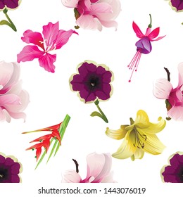 Violet Petunia. Pink Magnolia. Pink Bauhinia Purpurea. Pink and Purple Fuchsia Bella. Red Heliconia Bihai. Yellow Lilium. Vector illustration. 