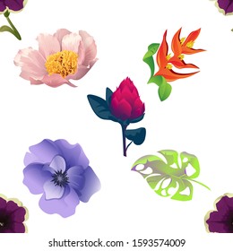 Violet Petunia. Pink Peony. Orange Heliconia. Violet Anemone. Green Monstera. Red Vriesea. Vector illustration. Seamless background pattern. Floral botanical flower. Wild leaf wildflower isolated.